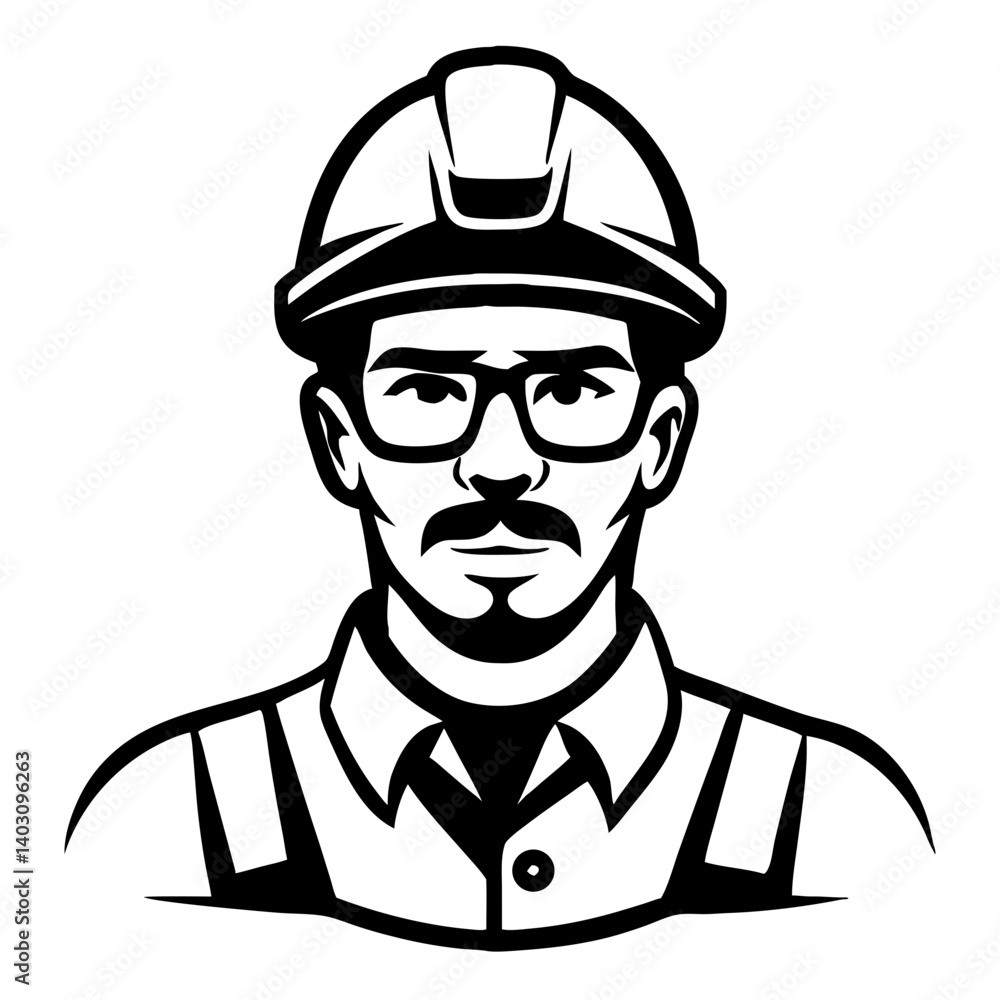Heroic Construction Worker with Hard Hat and Glasses Vector Illustration for Design Projects Heroic Construction Worker with Hard Hat and Glasses Vector Illustration for Design Projects