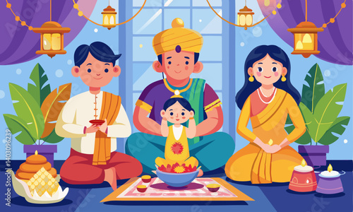 Download  Asian Family Performing Ganesh Puja At Home In Traditional Attire, Celebrating With Devotion Svg File For Design.