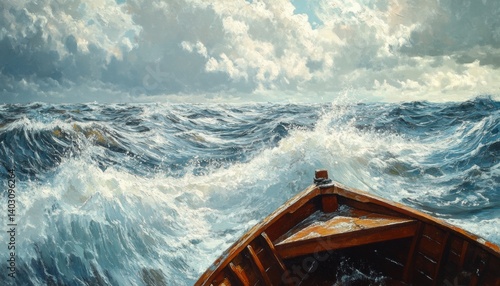 Turbulent sea viewed from a small wooden boat.