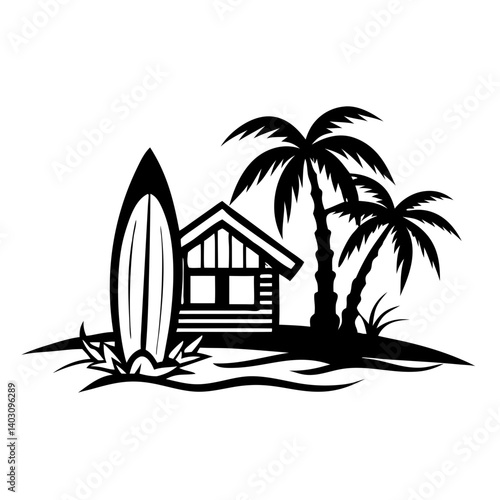 Tropical Surf Shack with Palm Trees and Surfboard Scenic Design for Beach Lifestyle Decor