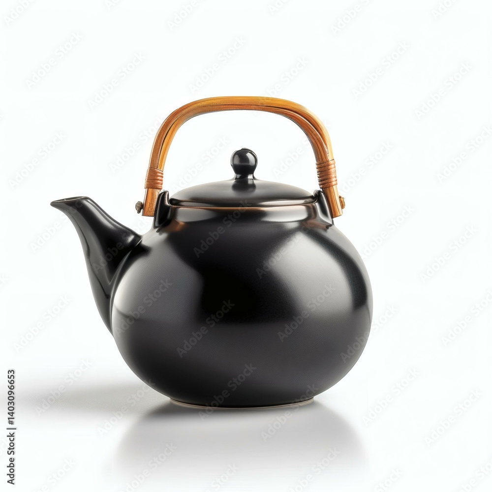 Sleek Black Ceramic Teapot with Bamboo Handle on White Background - Elegant Tea Preparation and Serving Sleek Black Ceramic Teapot with Bamboo Handle on White Background - Elegant Tea Preparation and Serving