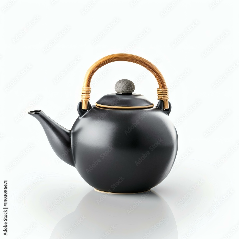 Elegant Black Ceramic Teapot with Bamboo Handle on White Background for Tea Service and Kitchen Decor Elegant Black Ceramic Teapot with Bamboo Handle on White Background for Tea Service and Kitchen Decor