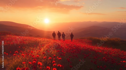 Remembrance Day Tribute: ANZAC Soldiers Among Red Poppies at Sunrise
