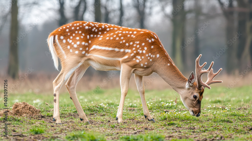 Wild deer grazing in lush clearing surrounded by early spring growth and flowers Wild deer grazing in lush clearing surrounded by early spring growth and flowers