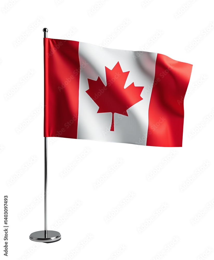 Waving Canada Flag on Pole, Red Maple Leaf, Transparent Background. Waving Canada Flag on Pole, Red Maple Leaf, Transparent Background.