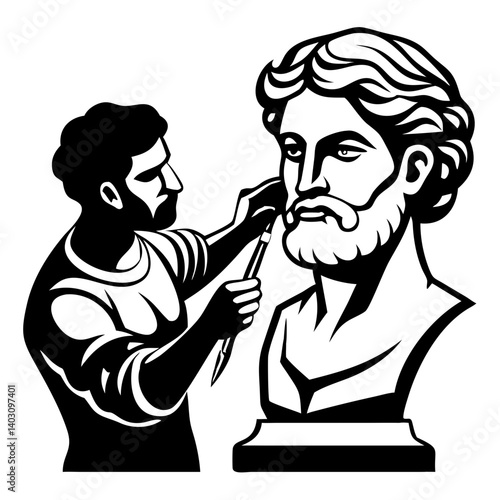 Artist Sculpting Classical Bust in Monochrome Vector Illustration for Creative Projects