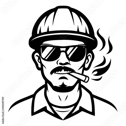 Cool Construction Worker with Sunglasses and Cigarette Vector Illustration for Tattoo Design