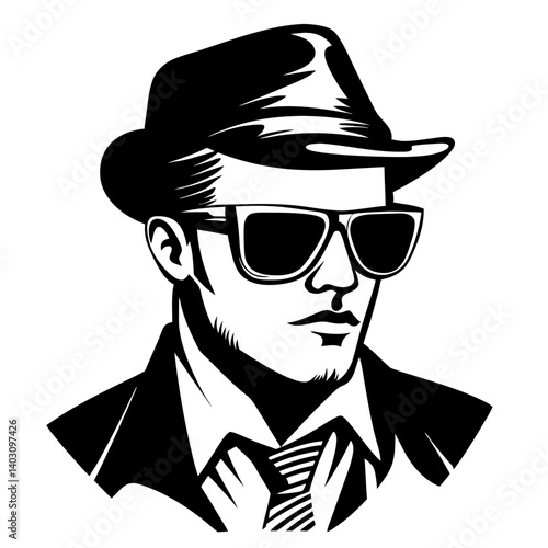 Stylish Man in Sunglasses and Fedora Hat Retro Vector Illustration for Tattoo or Apparel Design