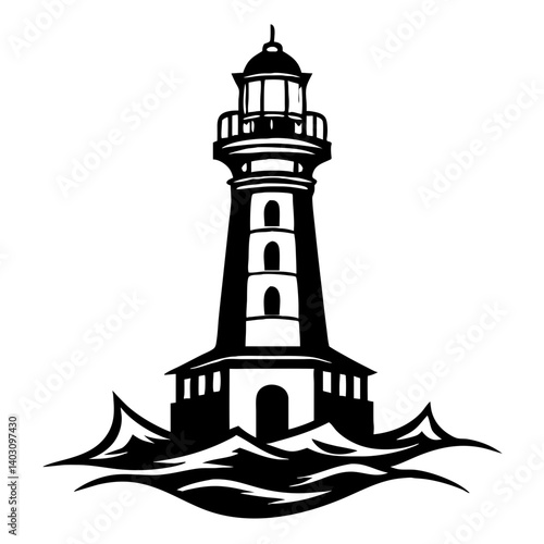 Lighthouse Ocean Waves Silhouette Ideal for Tattoo Designs and Graphic Illustrations