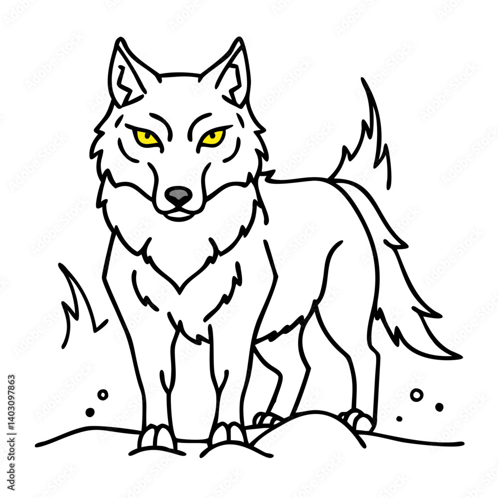 Fototapeta premium Majestic Wolf Outline with Striking Yellow Eyes for Tattoo or Coloring Book Design