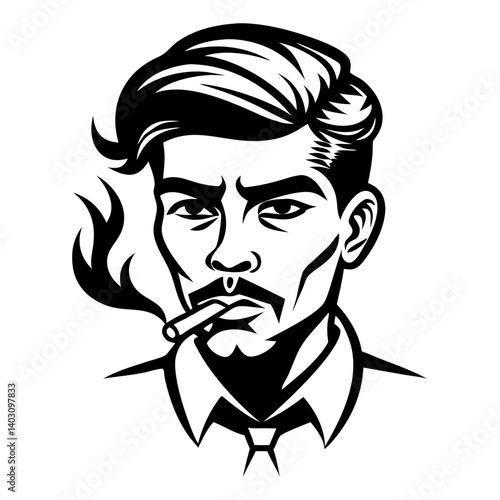 Stylized Retro Male Portrait with Cigarette and Bold Hairstyle Ideal for Tattoo and Graphic Design