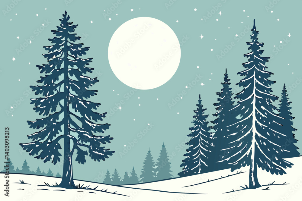 Fototapeta premium Snow-covered fir trees under a glowing full moon create a serene winter night scene—perfect for seasonal designs and holiday visuals.​ 