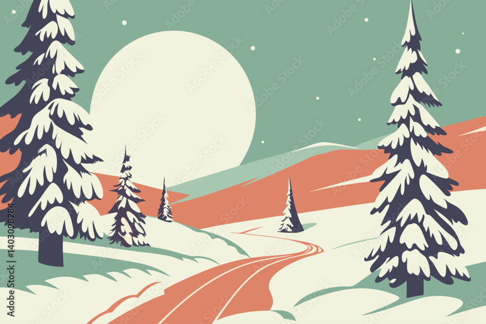 Fototapeta premium Snow-covered fir trees under a glowing full moon create a serene winter night scene—perfect for seasonal designs and holiday visuals.​ 