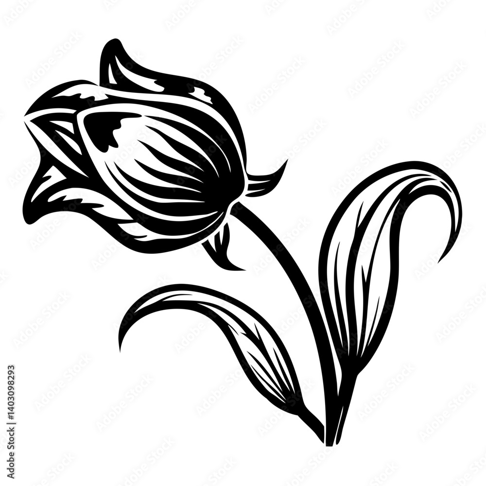 Obraz premium Elegant Black Floral Design Featuring Stylized Tulip and Leaves for Tattoo or Coloring Projects