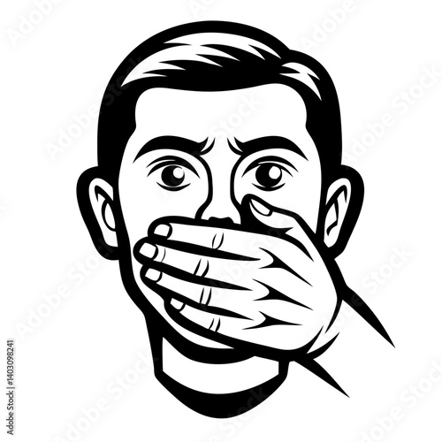 Silenced Man with Hand Over Mouth Graphic Illustration for Social Commentary Designs