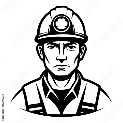 Strong Miner Character Portrait in Safety Gear for Tattoo Design and Graphic Applications