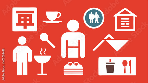 Signage A vector image of a restaurant with clear bold signage including symbols for accessibility and various language translations ensuring clarity for all guests.