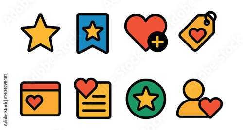 Set of icons: star, bookmark, heart, tag, calendar, note, circle star, person.