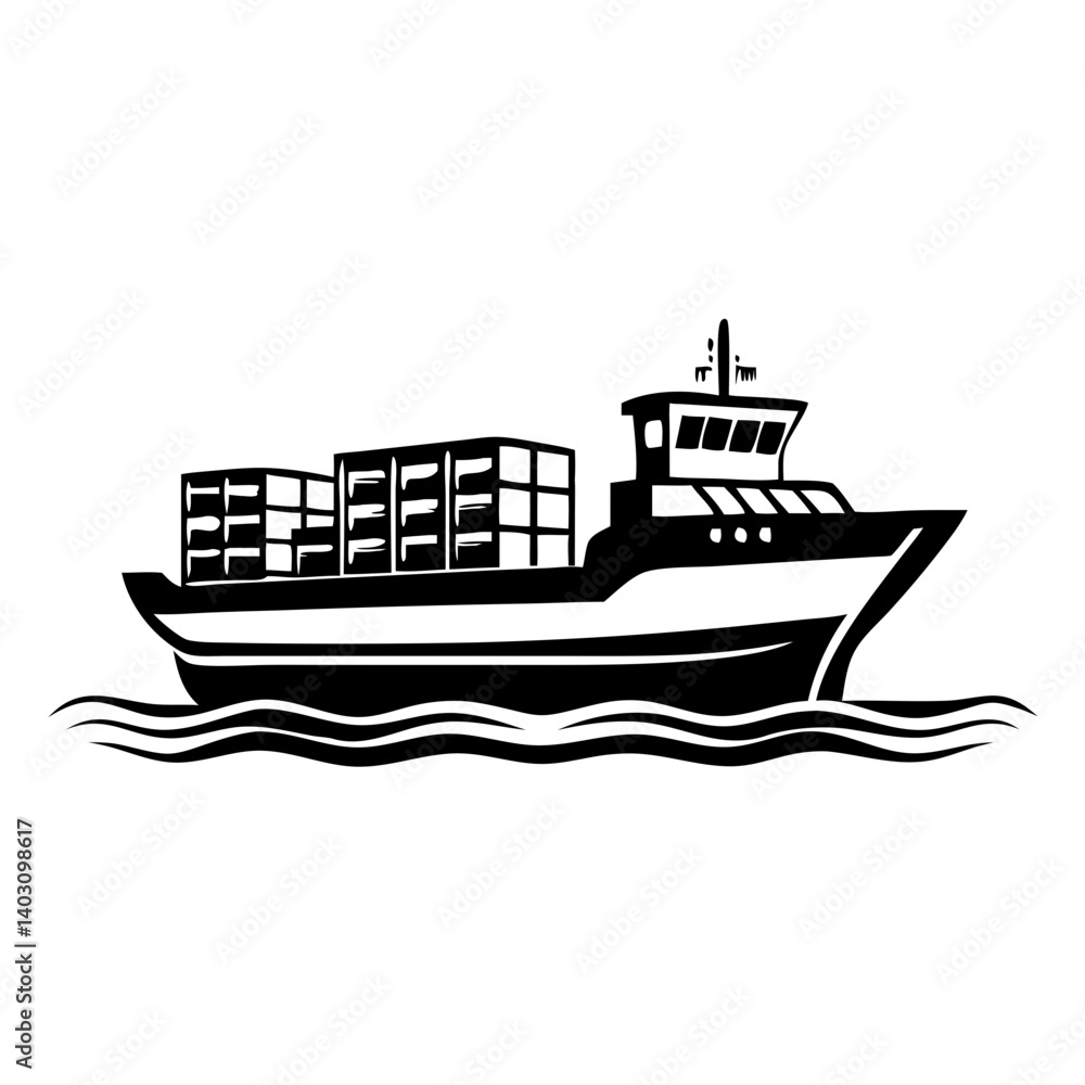 Obraz premium Cargo Ship Sailing on Waves with Shipping Containers Graphic Design for Nautical Themes