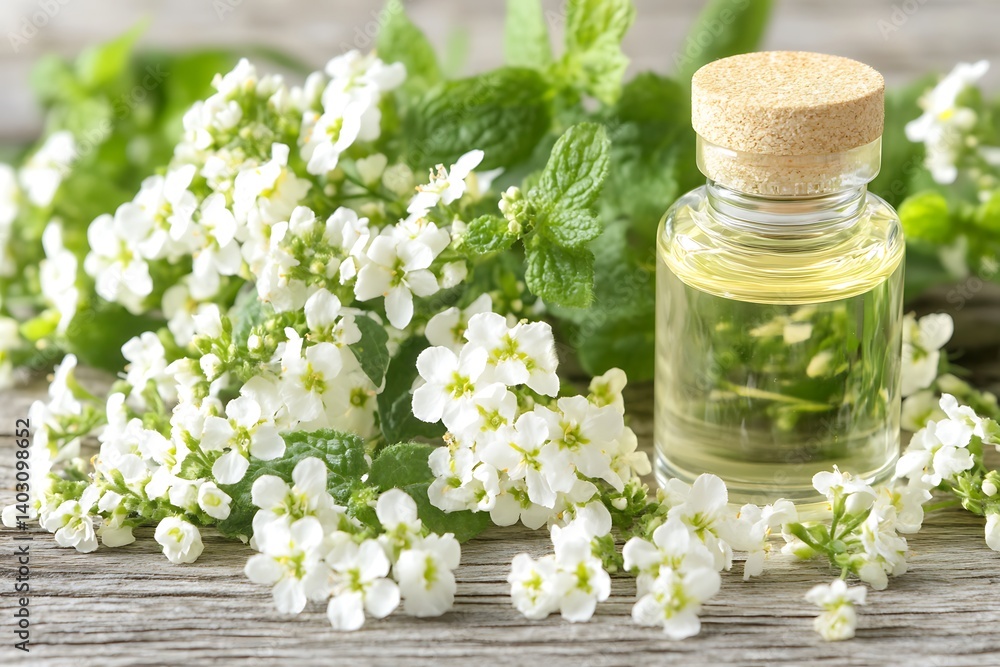 Essential Oil Bottle with White Flowers and Mint Leaves Still Life Essential Oil Bottle with White Flowers and Mint Leaves Still Life