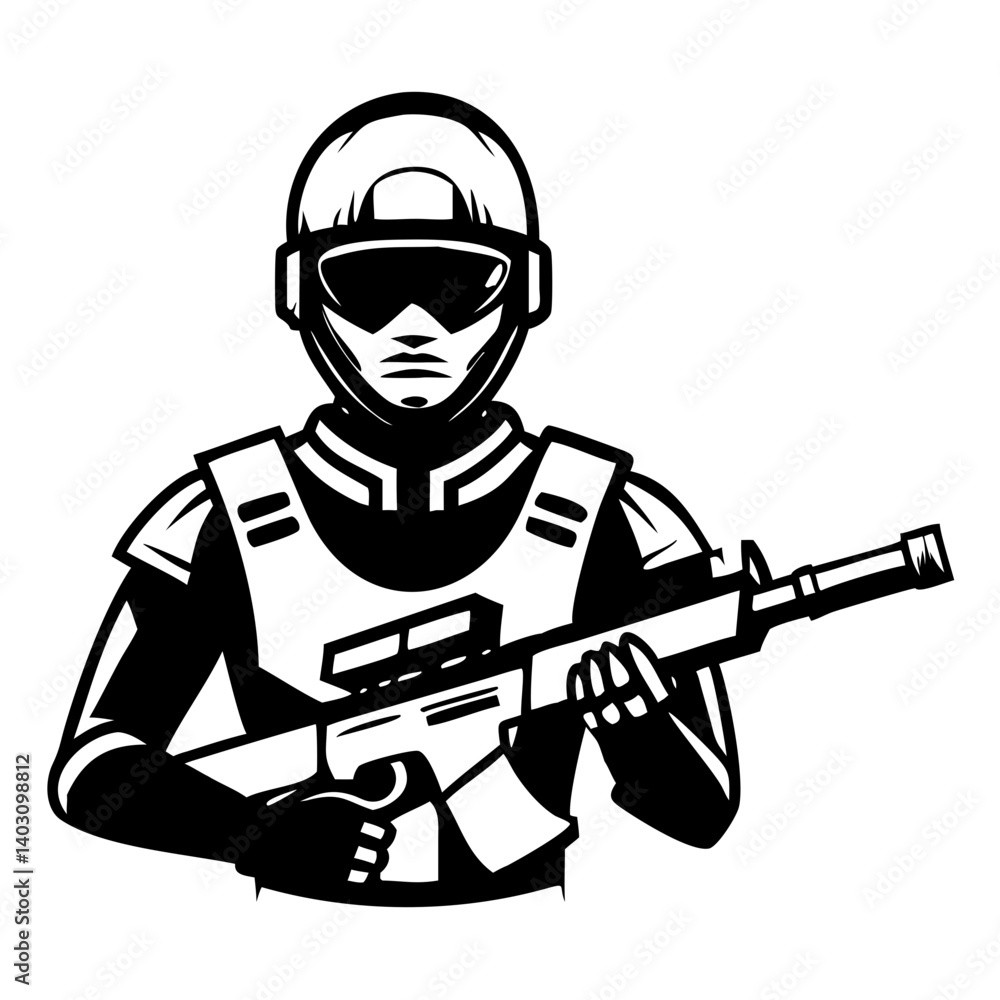 Fototapeta premium Military Soldier Holding Rifle Vector Graphic Suitable for Tattoo Design and Apparel