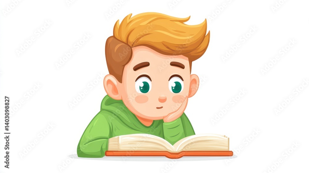 Pixel Art Boy Reading Book Green Hoodie, White Background Pixel Art Boy Reading Book Green Hoodie, White Background