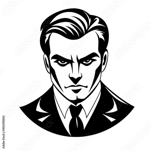 Bold Masculine Man Portrait in Suit for Tattoo Design and Modern Illustration