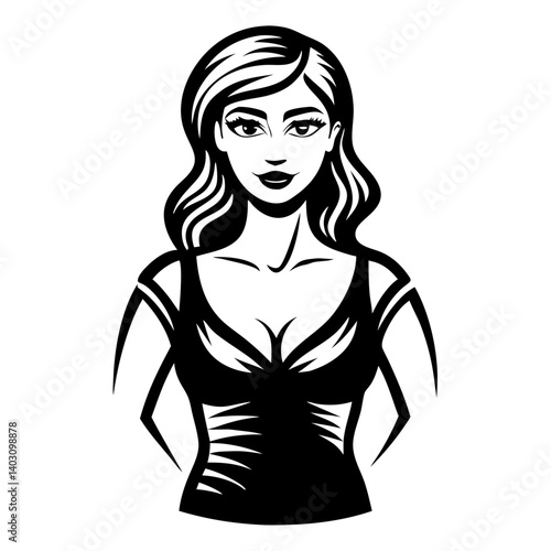 Stylized Young Woman Portrait Vector Illustration for Tattoo Design and Coloring Pages