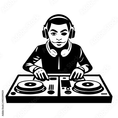 Professional DJ Mixing Music with Turntables and Headphones Vector Illustration