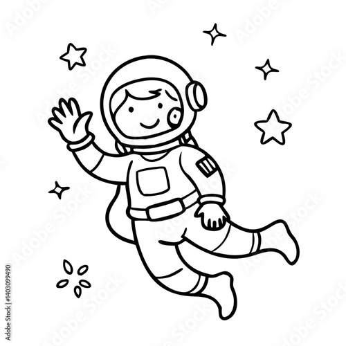 Cute Cartoon Astronaut Waving in Space with Stars Ideal for Kids Activities and Coloring Books