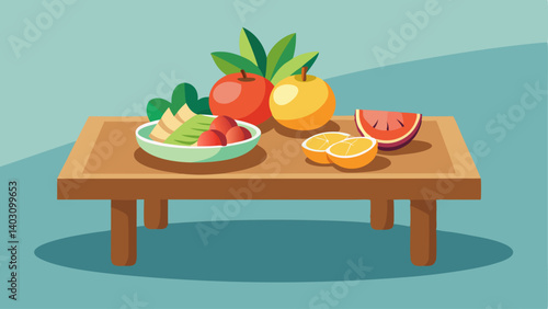 A wooden coffee table with a tray filled with tropical fruits adding a pop of color and freshness.