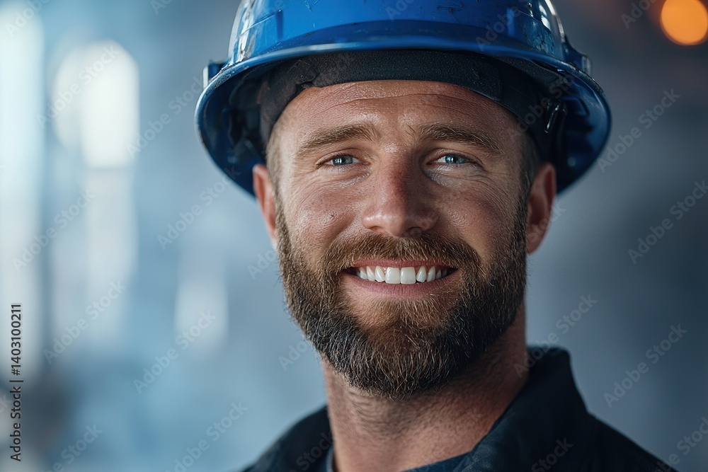Smiling construction worker with a blue hard hat, covered in dust, showcasing a rugged yet friendly appearance in an industrial setting. Smiling construction worker with a blue hard hat, covered in dust, showcasing a rugged yet friendly appearance in an industrial setting.