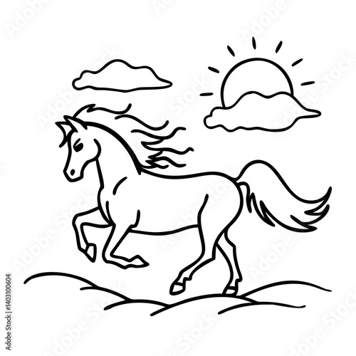 Elegant Prancing Horse in a Scenic Landscape with Clouds and Sun for Coloring and Tattoos