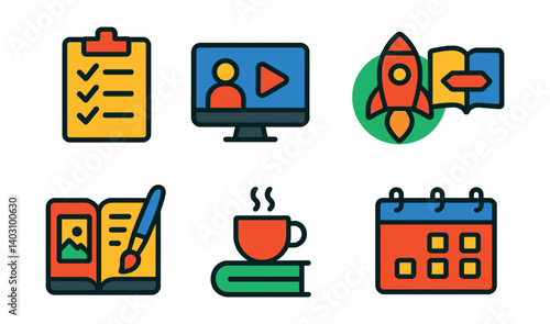 Set of icons for a calendar, notebook, and other office supplies