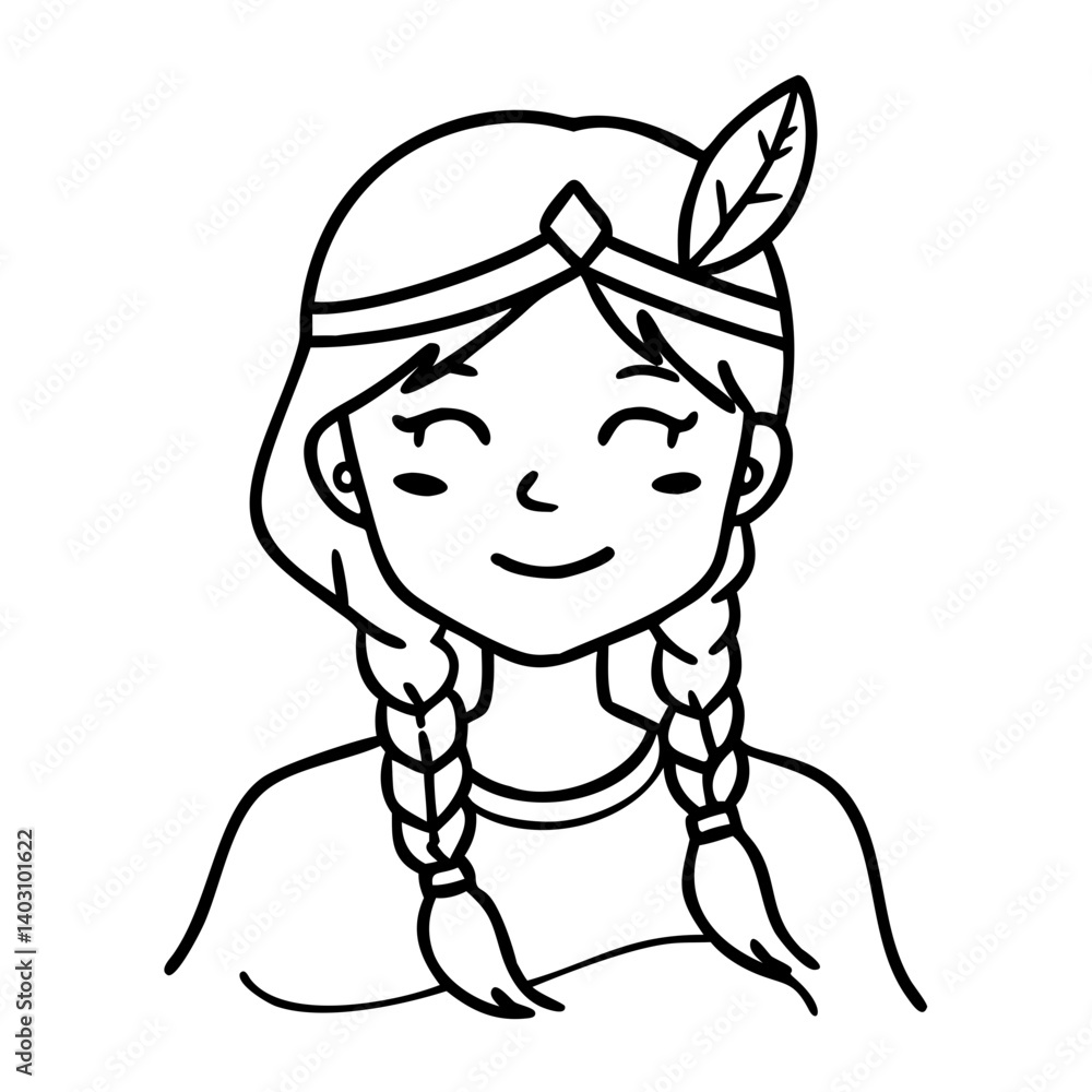 Fototapeta premium Cheerful Girl with Braids and Feather for Coloring Pages and Tattoo Designs