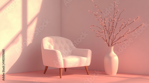 Minimalist Living Room with White Armchair, Pink Walls, and Delicate Floral Branches,Living room interior, pink walls,wooden floor,minimalist design,red velvet sofa,Featuring Delicate Floral Branches,