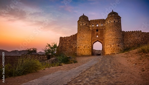 Silhouette of Ancient Fort Entrance, Rajasthan, India