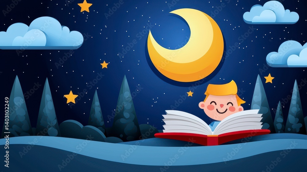 Fototapeta premium Joyful Boy Reading a Book Under a Crescent Moon at Night