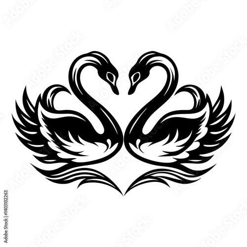 Elegant Twin Swans with Intricate Feather Design Perfect for Tattoo and Decorative Art