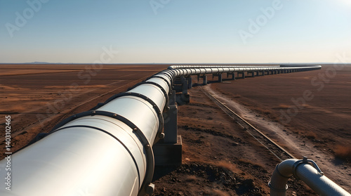 Large pipeline crossing a desert landscape under blue sky