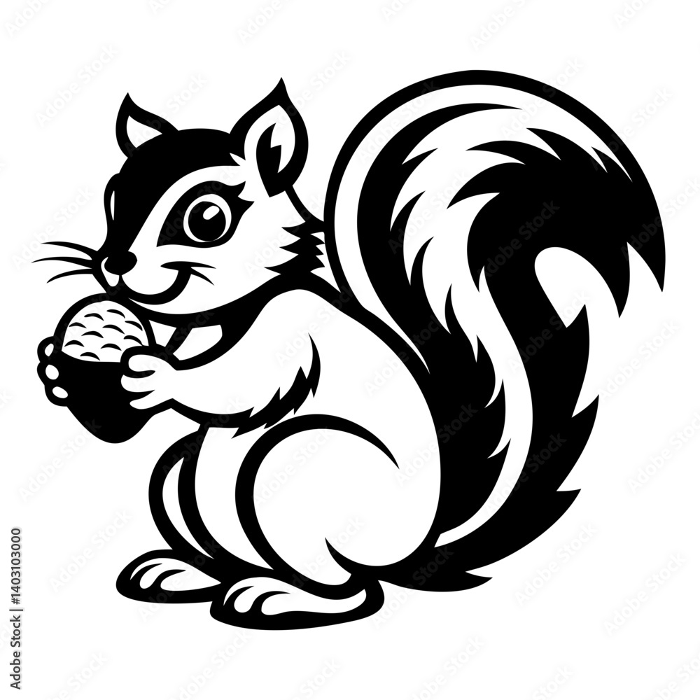 Obraz premium Cute Cartoon Squirrel Holding Acorn Black and White Design for T-Shirts and Tattoos