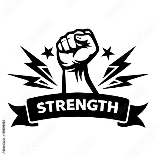 Powerful Fist Symbolizing Strength with Lightning Bolts and Banner Design for Empowerment