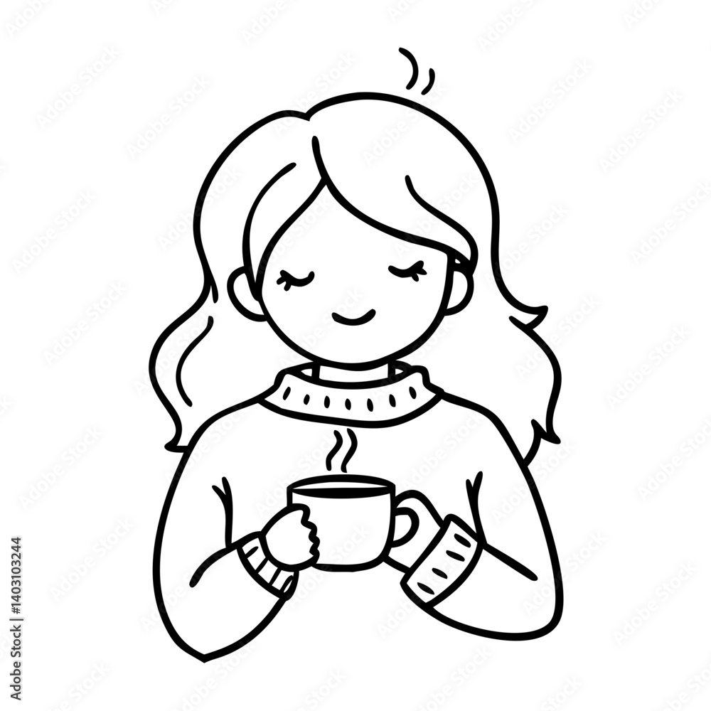 Cozy Woman Enjoying Warm Coffee in a Sweater Line Art Design for Coloring Books and Illustrations Cozy Woman Enjoying Warm Coffee in a Sweater Line Art Design for Coloring Books and Illustrations