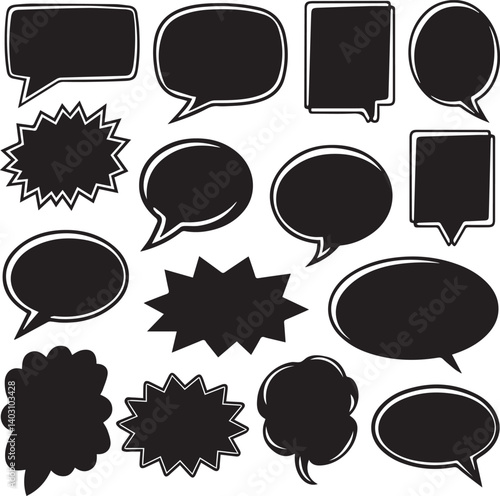 Set of Black Blank Speech Bubbles and Comic Explosion Shapes
