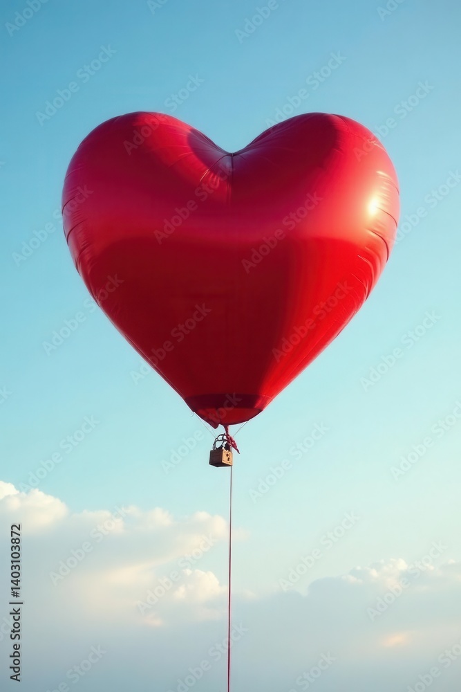Fototapeta premium Crimson heart-shaped balloon ascends against clear sky , red, balloon, passion