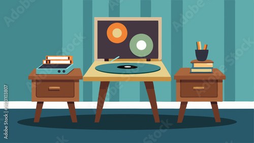 A vintage record player sitting on a chic side table with a stack of vinyl records displayed nearby.