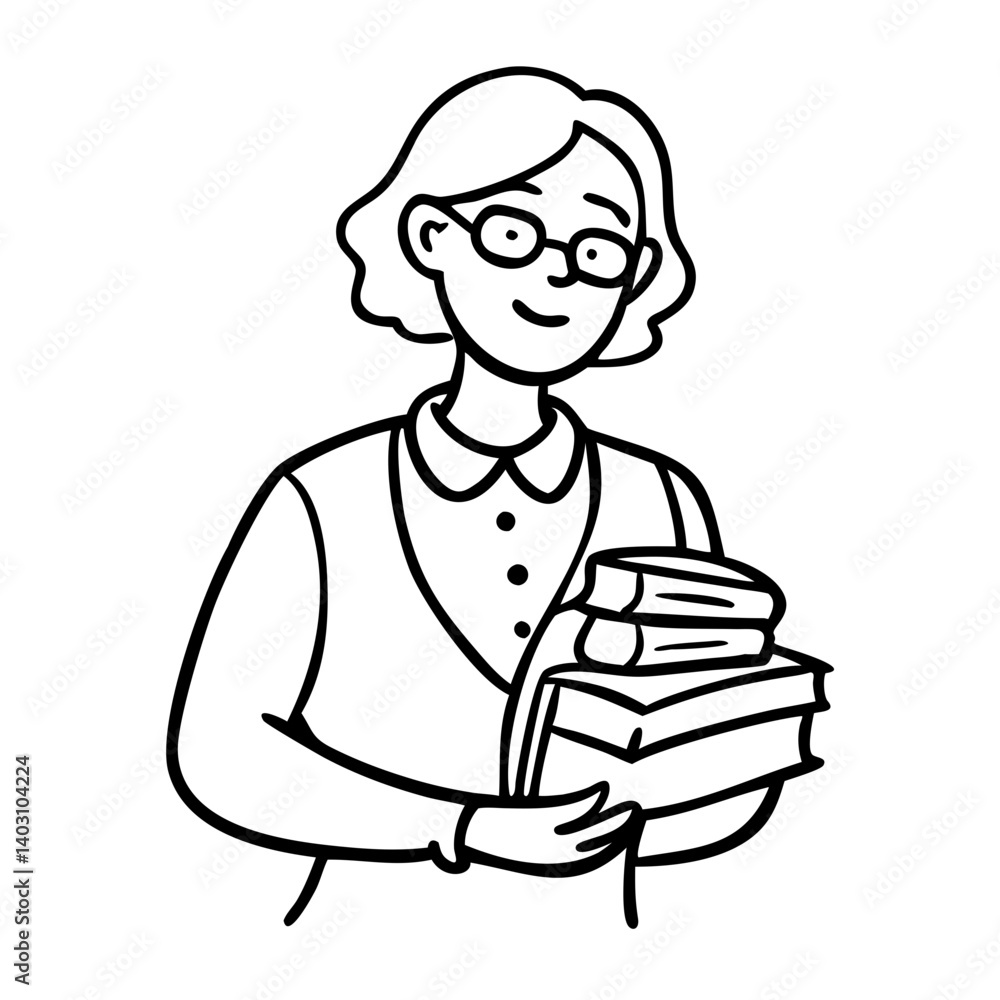 Cheerful Librarian Holding Stack of Books for Educational and Literary Designs Cheerful Librarian Holding Stack of Books for Educational and Literary Designs