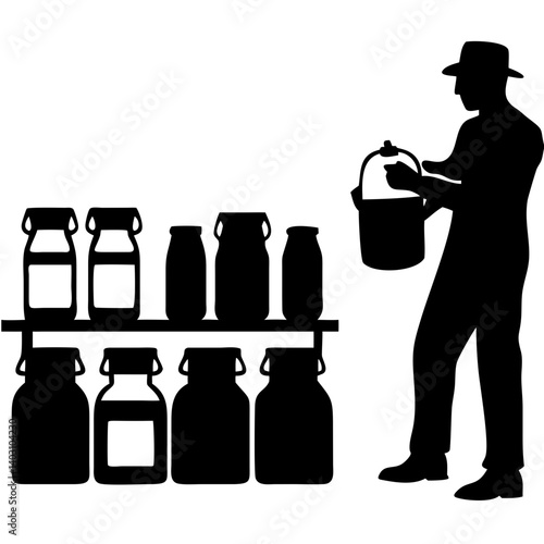 Silhouette of a Farmer with Milk Cans Against a Shelf Design for Vintage Farm Illustrations