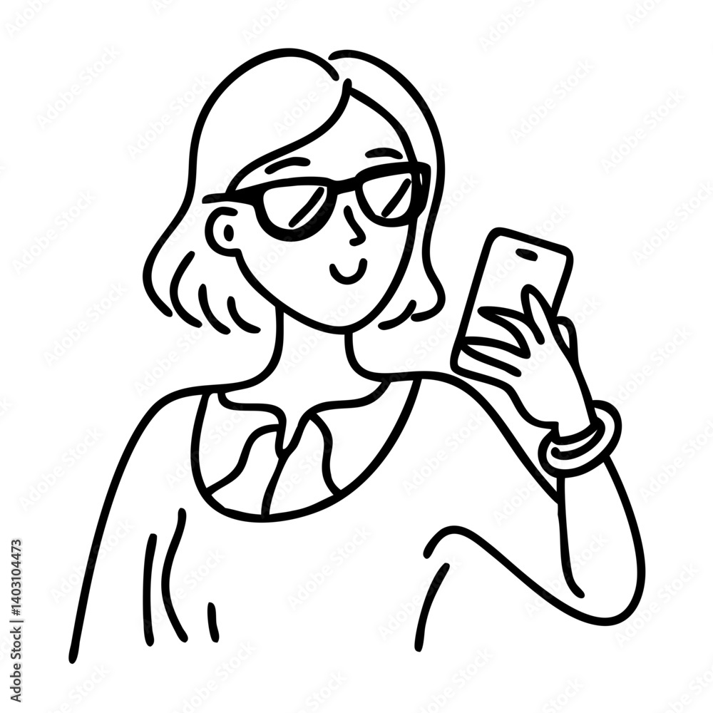 Stylish Woman Using Smartphone in Sunglasses Line Art Vector Illustration Stylish Woman Using Smartphone in Sunglasses Line Art Vector Illustration