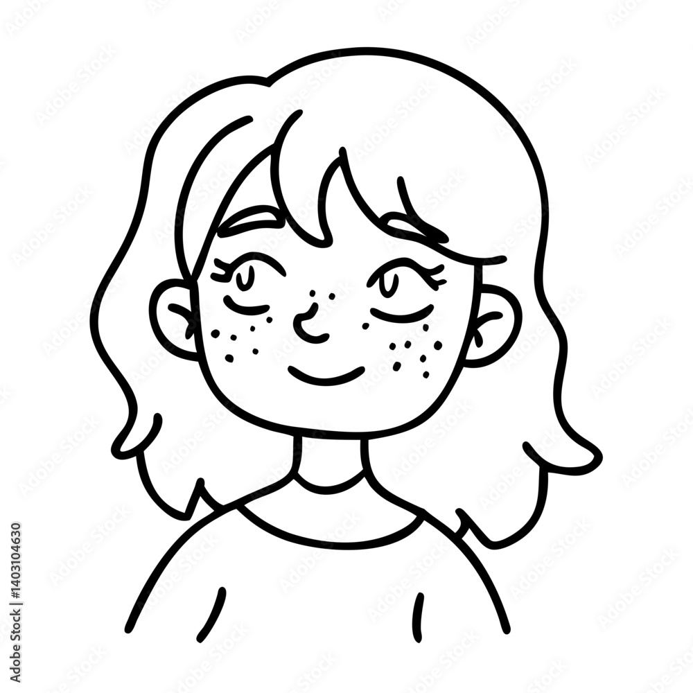 Cheerful Girl Illustration with Freckles and Wavy Hair Perfect for Coloring and Design Projects Cheerful Girl Illustration with Freckles and Wavy Hair Perfect for Coloring and Design Projects